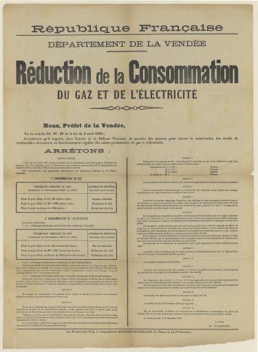 La Roche-sur-Yon Impr. Roche-Jourdain République française. Département de la Vendée. Réduction de la consommation du gaz et de l'électricité : arrêté préfectoral, 31 décembre 1916.